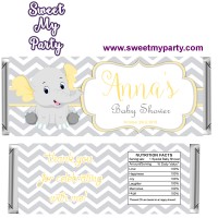 Yellow and grey elephant baby shower candy bar wrappers,(005ebs)